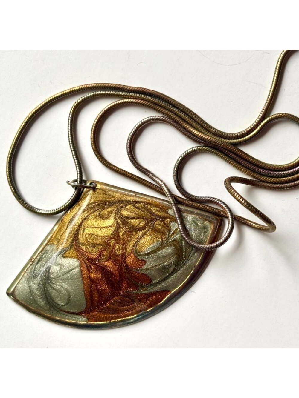 Vintage Mid Century Enameled Copper Pendant Statement Necklace 22" MCM Abstract